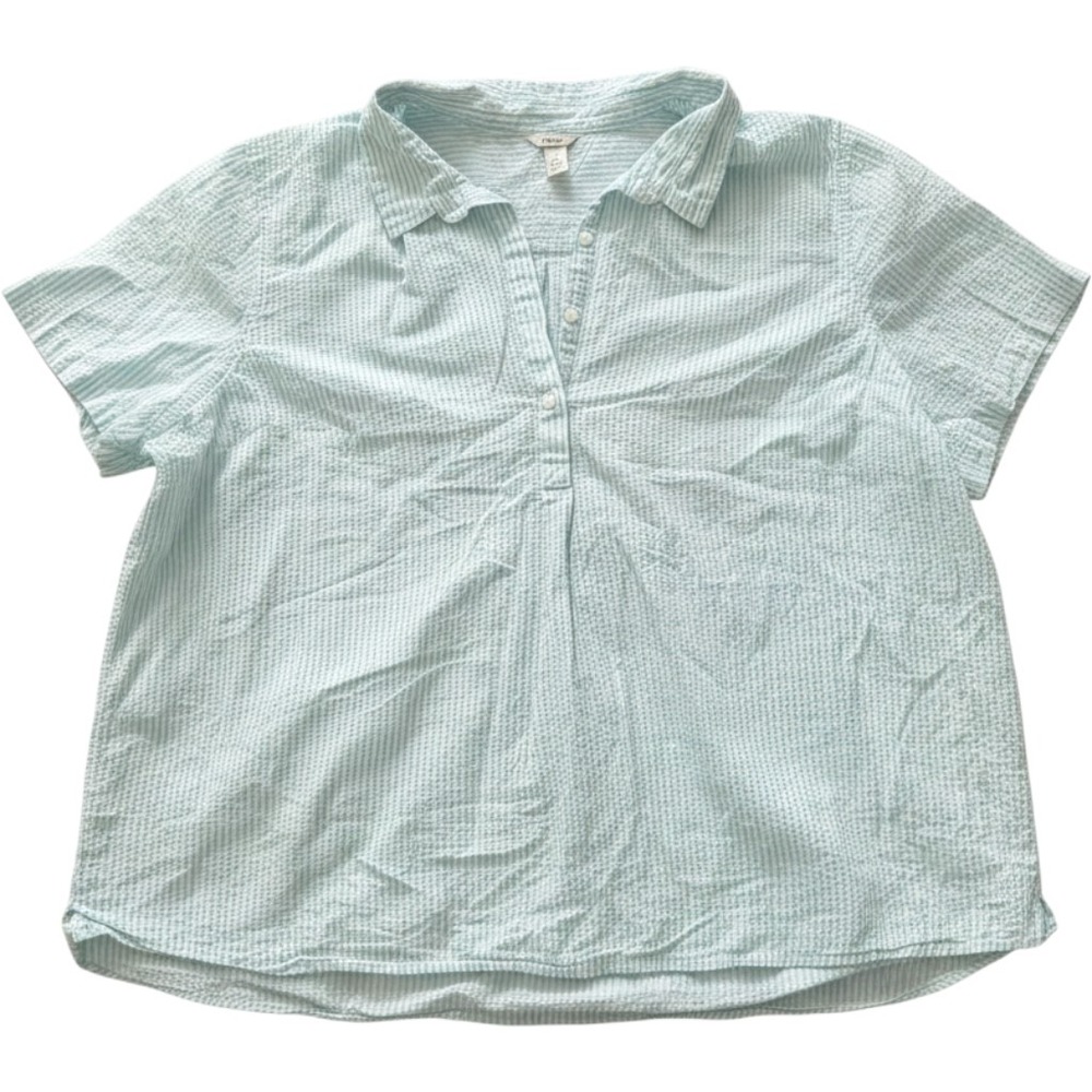 LL Bean Womens 3X Seersucker Striped Short Sleeve Cotton Shirt Aqua Blue 517762